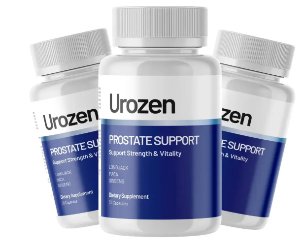 Three Urozen Prostate Support supplement bottles